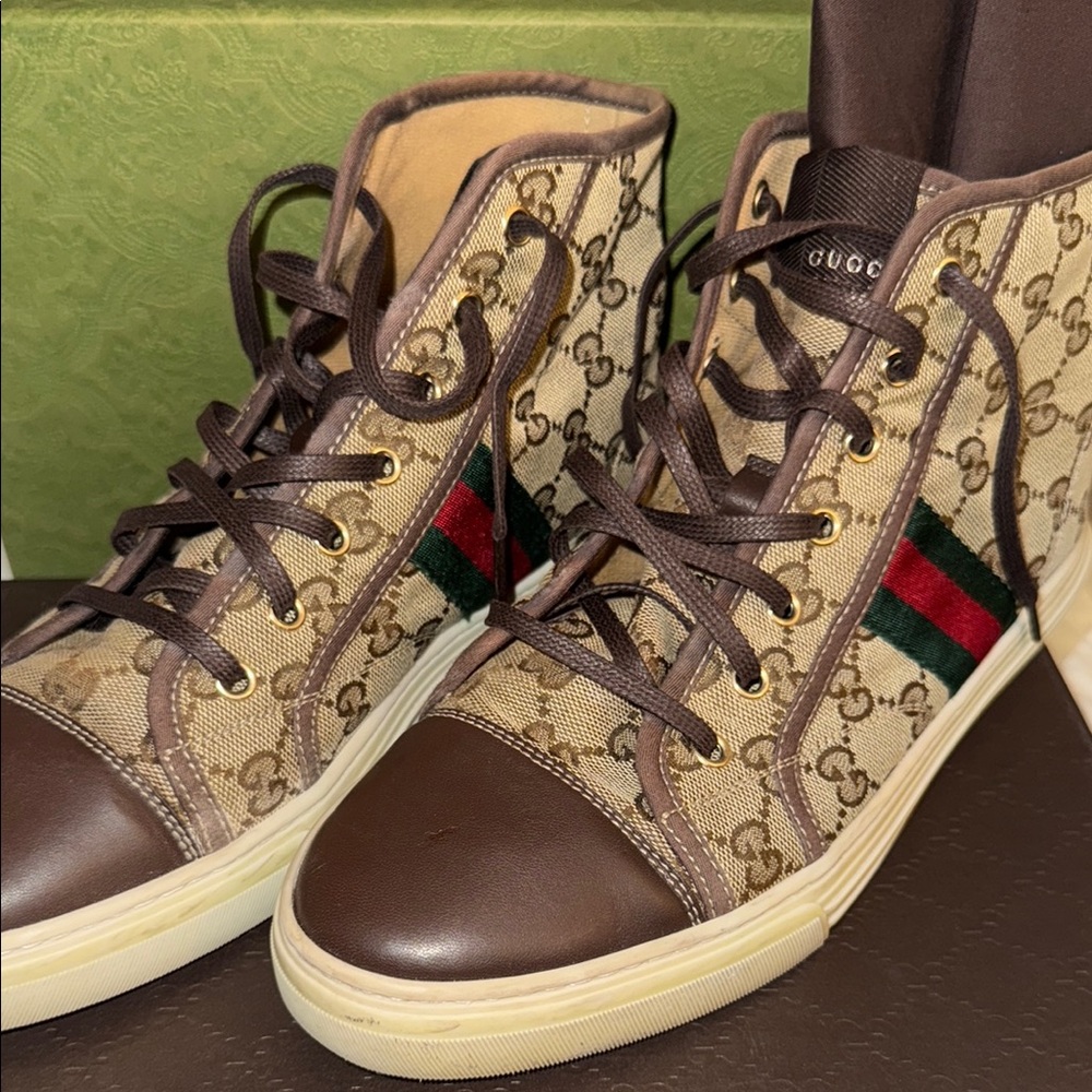 Gucci Beige Monogram High-Tops with Brown Leather & Red/Green Stripe